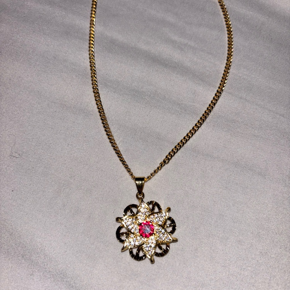 Gold and ruby cz stones Starburst Necklace with Ruby Center